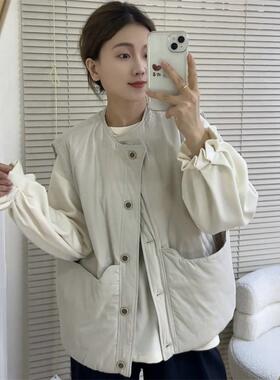 日系简约复古宽松大口袋棉马甲外套女2025秋冬新款加厚夹棉上衣潮