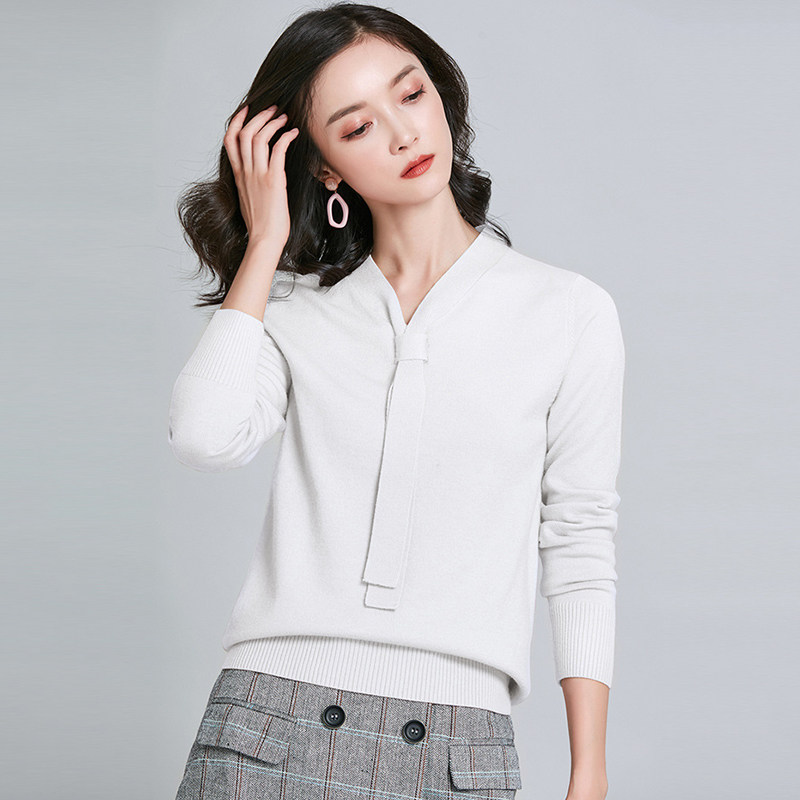 2023春秋新款韩版v领长袖修身飘带打底针织衫女时尚春季短款上衣