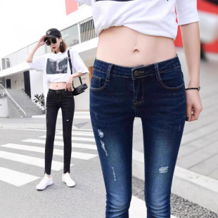 低腰破洞小脚牛仔裤修身显瘦弹力紧身百搭性感露脐女生显瘦九分裤
