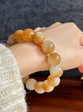 超值天然正宗新疆和田玉且末金山矿糖白玉手串14mm圆珠玉石手链