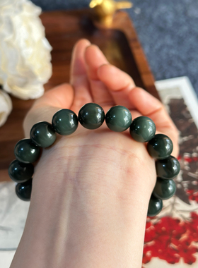 精品纯天然正宗新疆和田玉塔县青玉手串12mm圆珠单圈塔青玉石手链