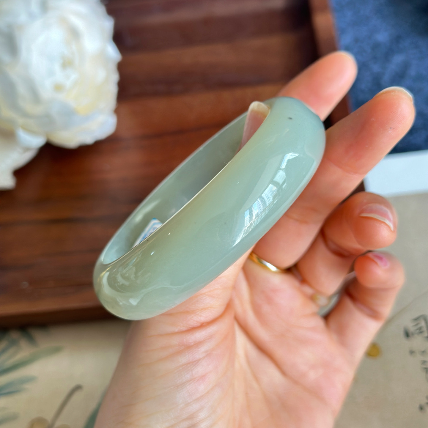 超值捡漏纯天然正宗新疆和田玉且末料青白玉手镯宽条镯玉镯子玉石