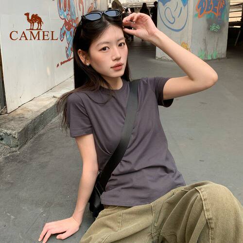 【热巴同款】骆驼正肩T神运动T恤男女同款夏新冰感棉纯色短袖上衣