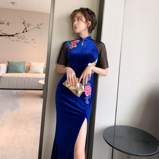 年会宴会晚礼服女气质优雅性感长款 开叉旗袍走秀高端演出服连衣裙