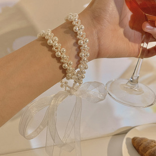 超仙白色蕾丝水晶珍珠发带女绑发森系甜美飘带法式丝带发箍头饰