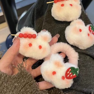 儿童糖葫芦小兔毛茸发圈发夹ins女软萌可爱腮红免发绳学生马尾发