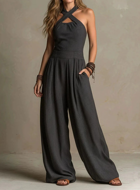 Summer Jumpsuit Solid Hanging Neck Elegant Versatile连体裤女