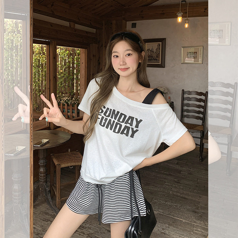 women sexy off shoulder t-shirt lady crop top韩系撞色拼接
