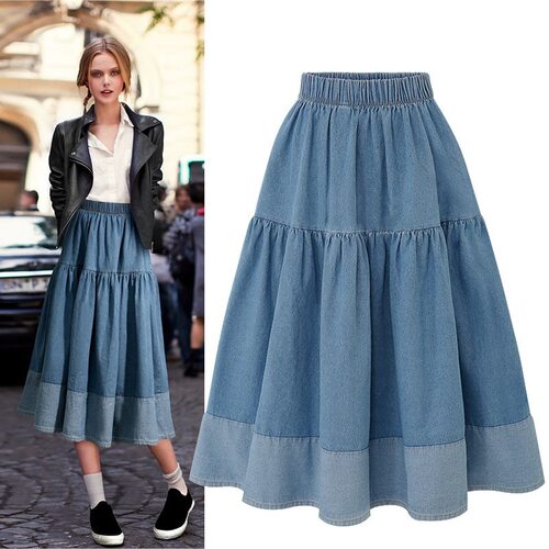 Women Color Block Half Umbrella Skirt High Waist Denim Skirt