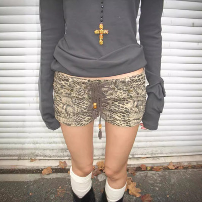 Women Y2k Jeans Shorts Leopard美式复古辣妹牛仔短裤女豹纹绑带