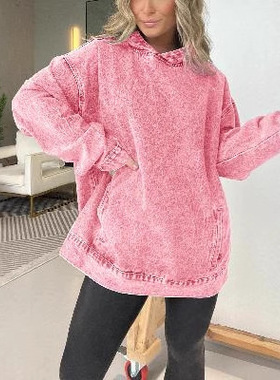 stylish denim tops for women欧美新款百搭宽松连帽套头牛仔卫衣