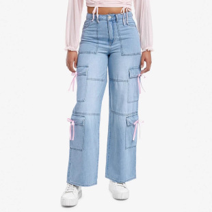 女loose baggy 裤 pants jeans牛仔甜美蝴蝶结阔腿多袋工装 women