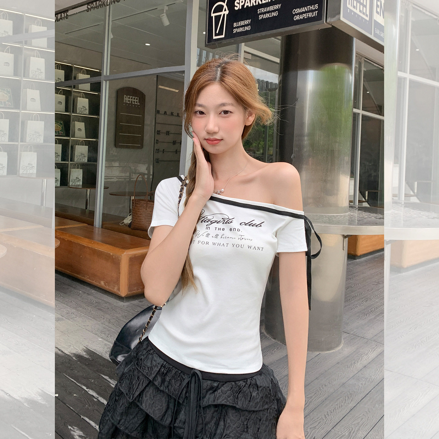women sexy off shoulder t-shirt female crop top韩系斜肩系带