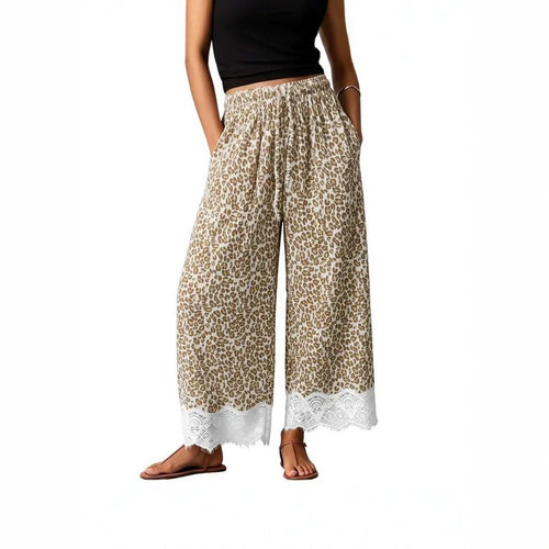 Casual Wide Leg Pants Women Elastic Waist With Leopard Print