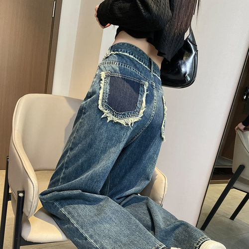 Women American Stylish Retro Jeans Denim Pants阔腿牛仔裤女网