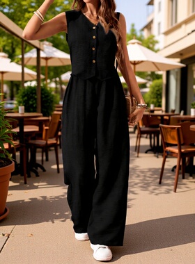 women cotton tshirt summer休闲套装海边度假风v领马甲背心长裤