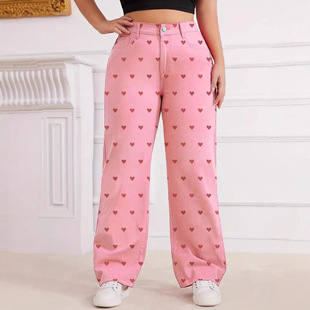 jeans爱心粉色牛仔窄版 阔腿裤 pink women leg baggy wide denim