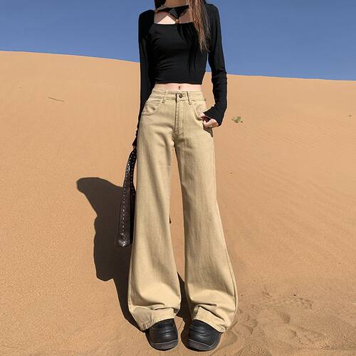 women american retro jeans wide leg denim pants新款中低腰