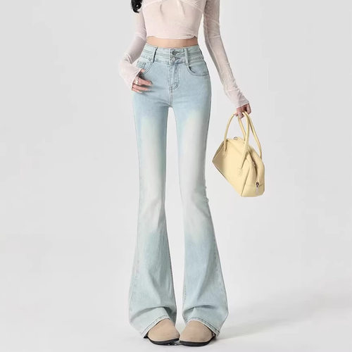 women american retro jeans wide leg denim pants浅色微喇