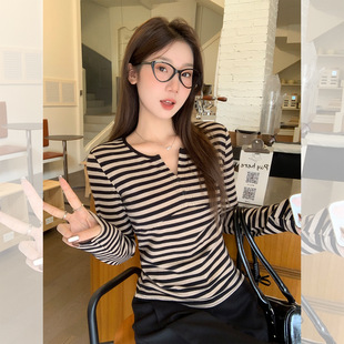 new tshirt women striped tops korean t-shirt条纹撞色纽扣