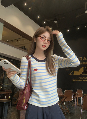 fashion women striped tops blouse美式复古蓝条纹圆领撞色长袖