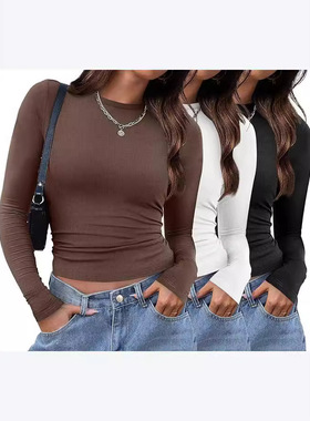 women crop top辣妹修身长袖t恤薄女打底衫圆领衣性感纯色套头