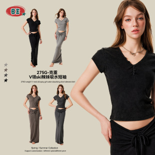 women's tshirt美式复古设计感辣妹修身衣纽扣v领正肩短袖t恤女