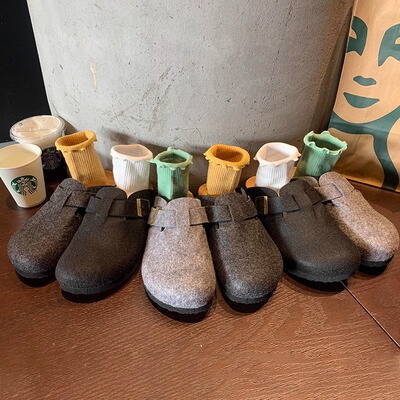 Slippers flipflops Slides Sandals羊毛毡包头鞋女大码软木拖鞋