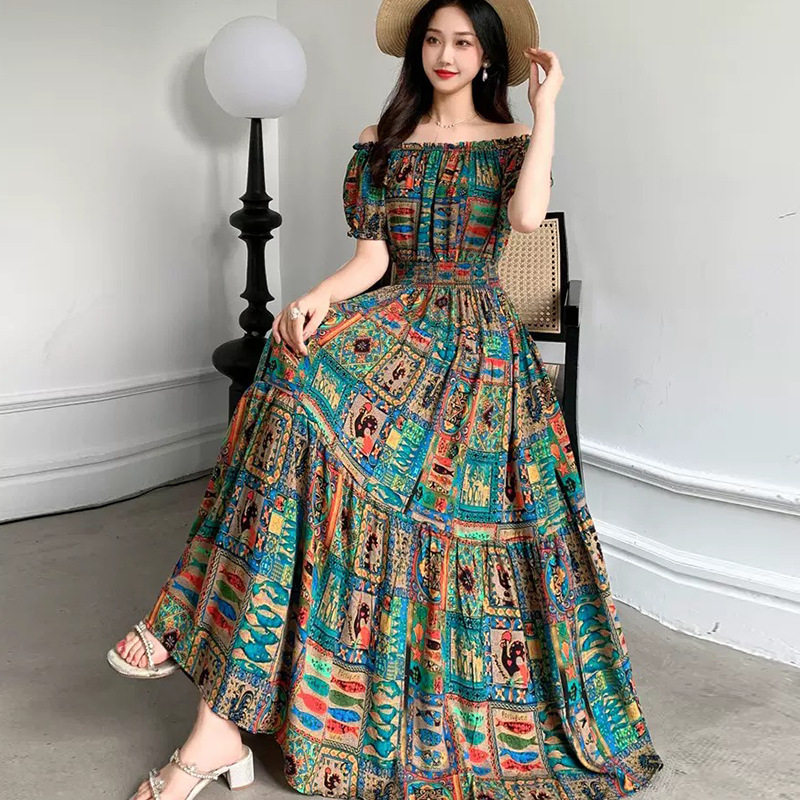 long dress women maxi vestidos boho beach人棉绸碎花一字肩