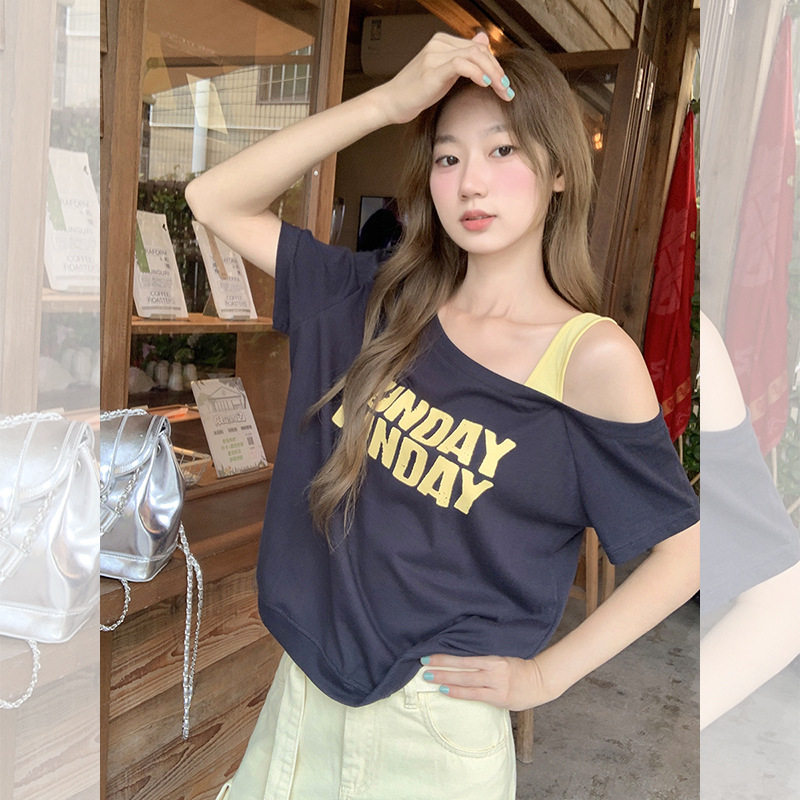 women sexy off shoulder t-shirt female crop top蓝色多巴胺