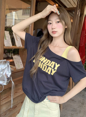 women sexy off shoulder t-shirt female crop top蓝色多巴胺