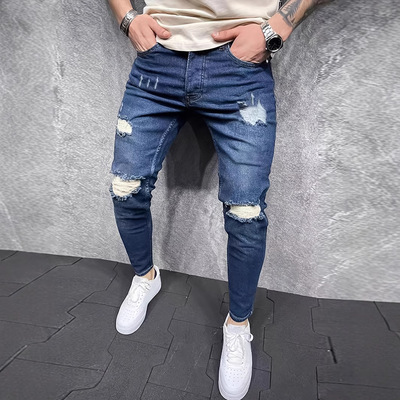 Fashion Street Pants Ripped Skinny Jeans Men Denim Trouser男