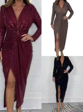气质亮片低v领长袖聚会礼服连衣裙Ladies Vneck sexy dress Women