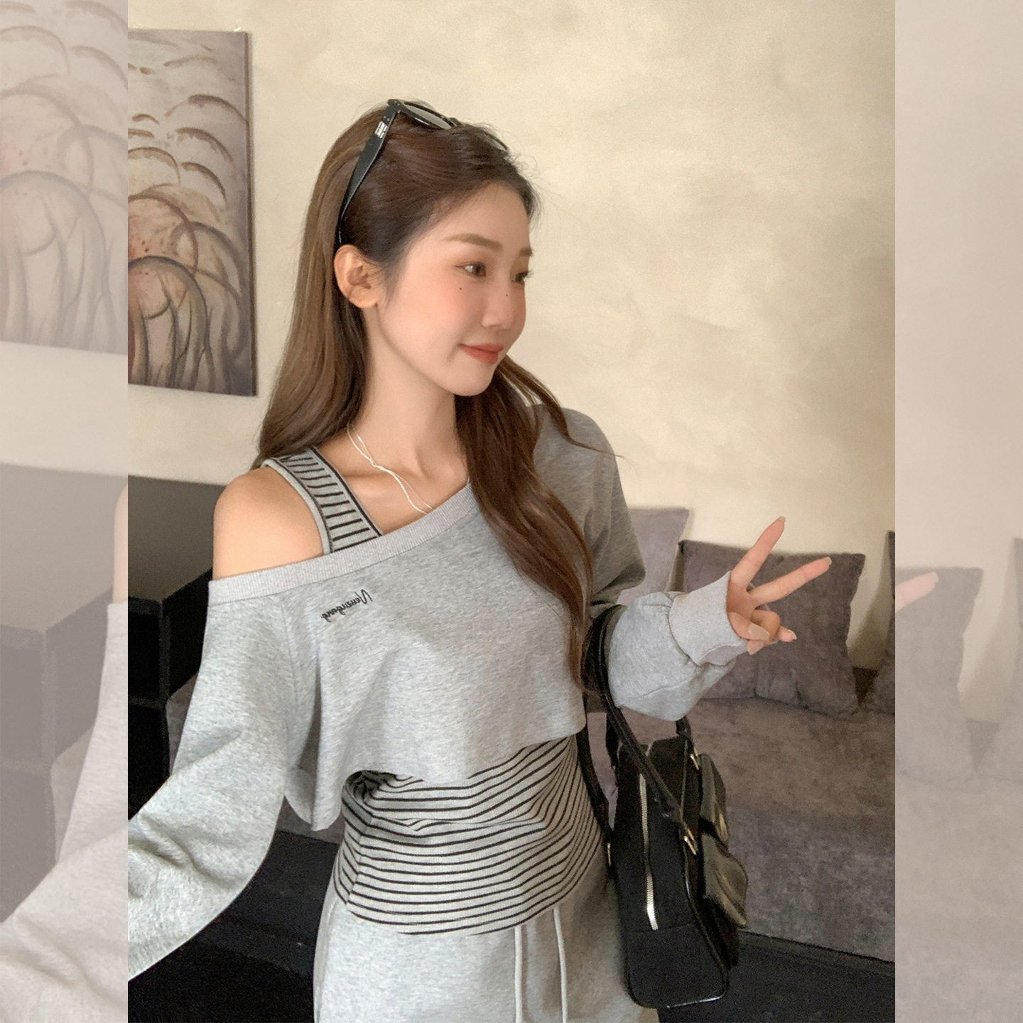 women sexy off shoulder t-shirt lady crop top花灰色设计感