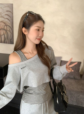 women sexy off shoulder t-shirt lady crop top花灰色设计感