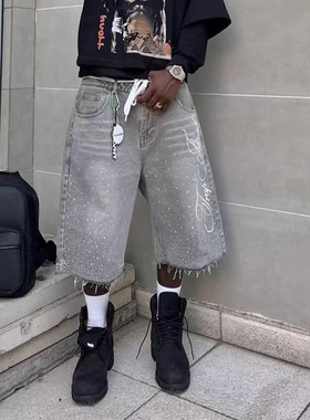 Men baggy Jeans shorts Man美式高街牛仔短裤男女阔腿宽松unisex