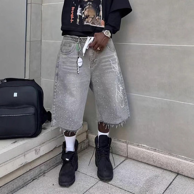 Men baggy Jeans shorts Man美式高街牛仔短裤男女阔腿宽松unisex