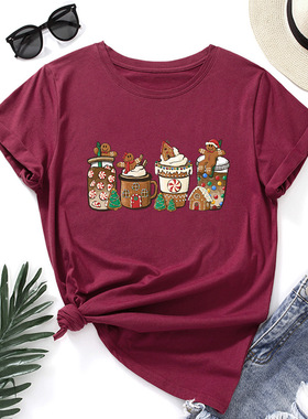christmas cotton tshirts women xmas tee tops 圣诞节饮料宽松