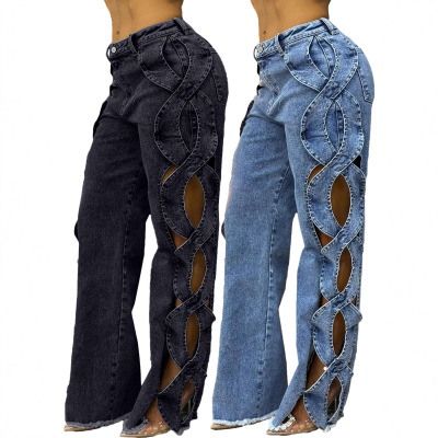 y2k baggy jeans hallow out denim pants个性侧边镂空牛仔裤女夏