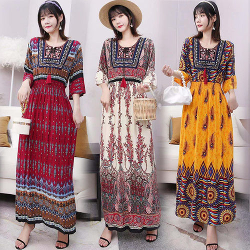 Long Dress Women Maxi Vestidos Boho Beach民族风圆领七分