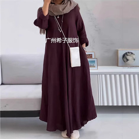 women 2026 dress女士休闲纯色圆领长袖棉麻连衣裙ladies