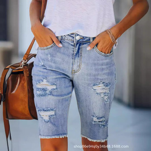 women jeans shorts denim short pants破洞毛边中裤蓝牛仔短裤女