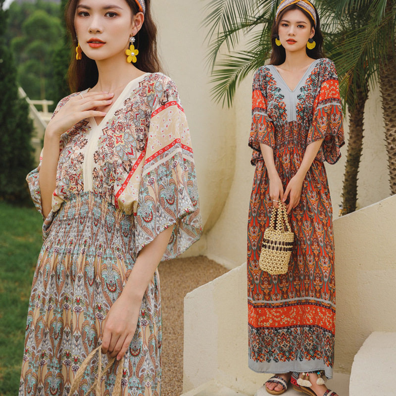 Dress Women Dresses Ladies 民族风v领棉绸法式泰国碎花连衣裙女