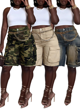 women baggy jeans shorts新款牛仔破洞草洗工装口袋牛仔短裤2026