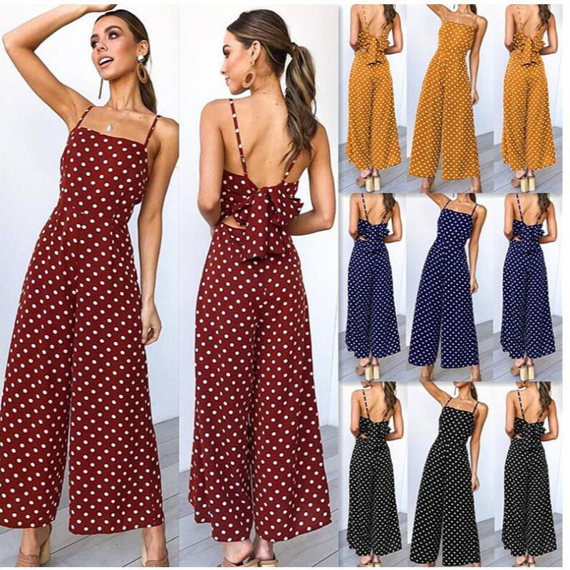 women dress新款流行波点绑带连体阔腿裤连衣裙性感大量
