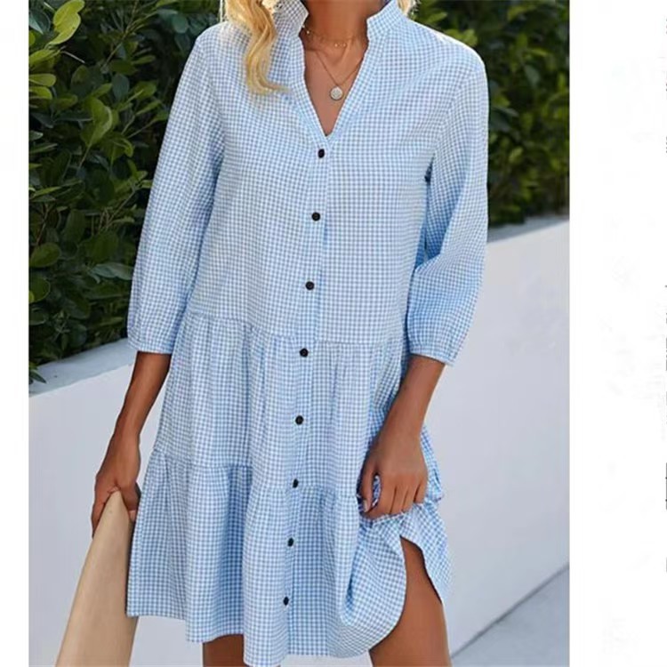 new dress women elegant ladies vestidos欧美时尚新款格子立领图片