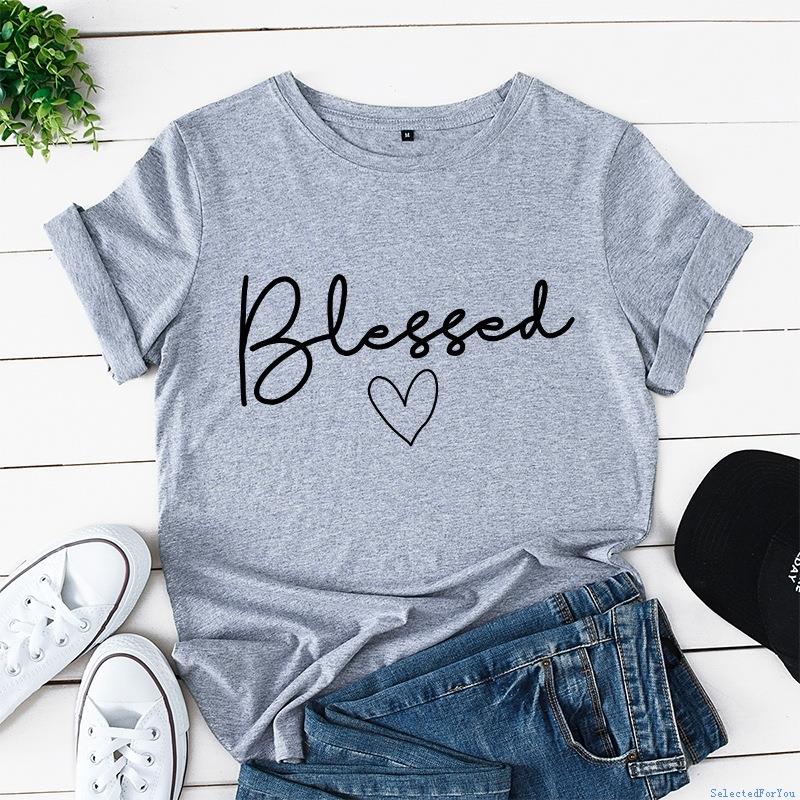 Women Cotton Tshirt Ladies T-shirt 宽松 blessed 心形棉领短袖图片