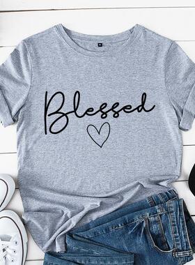 Women Cotton Tshirt Ladies T-shirt 宽松 blessed 心形棉领短袖