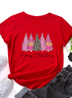 christmas cotton tshirts women xmas tee tops 圣诞树字母宽松