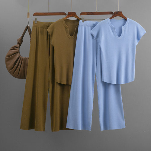 knitted shirt and pants set圆领u领针织短袖套装修身飞机袖衣